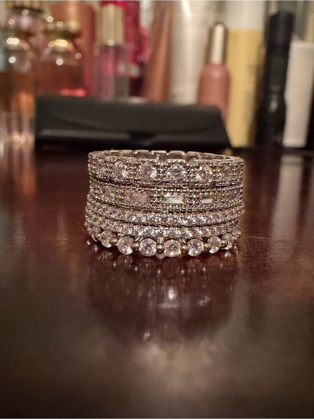 Stacked Crystal Band Rings - Silver Tone